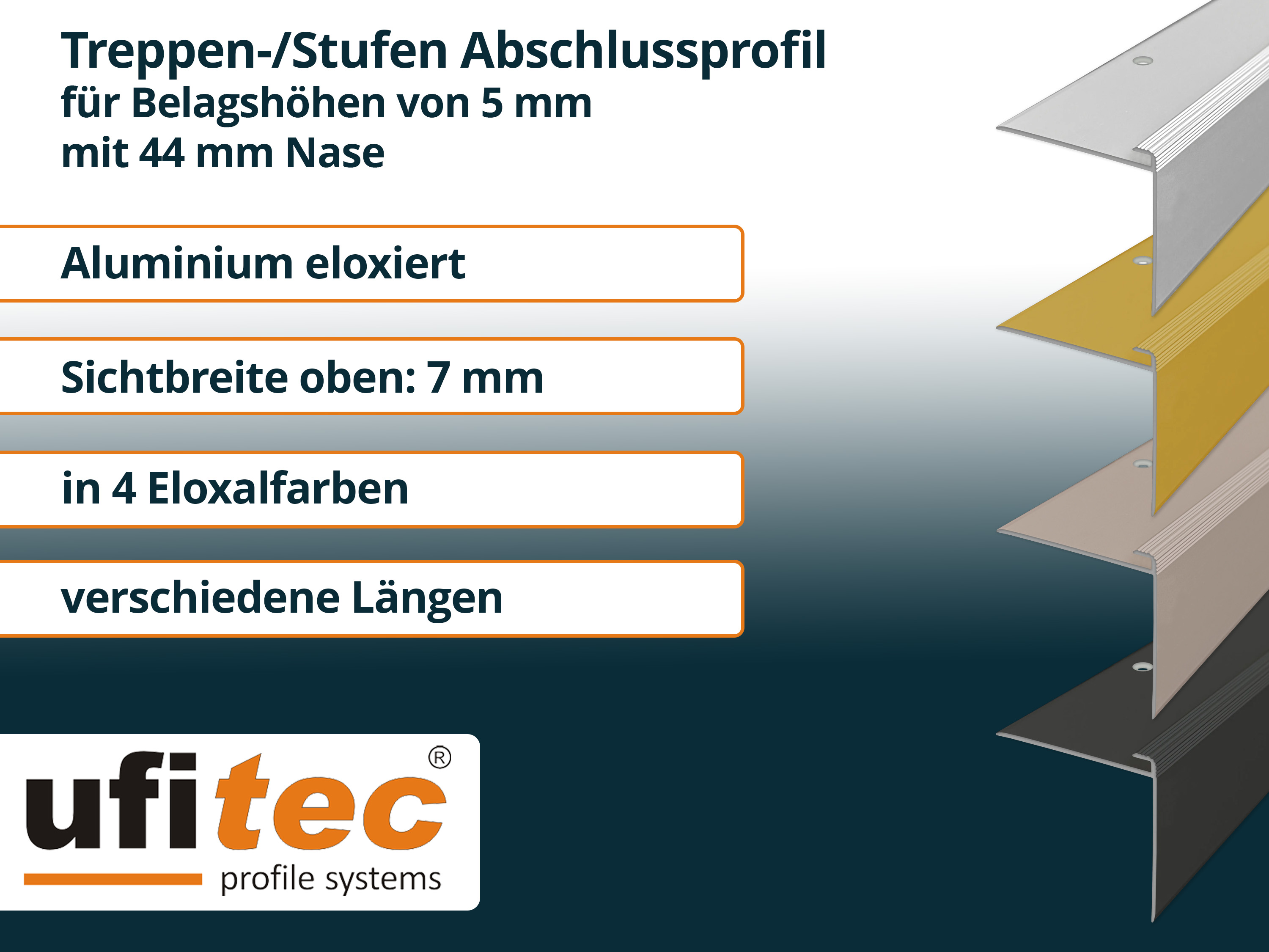 ufitec® Einschubprofil für Belagshöhe bis 5 mm | 44 mm Nase Treppen-/Stufen Abschlussprofil