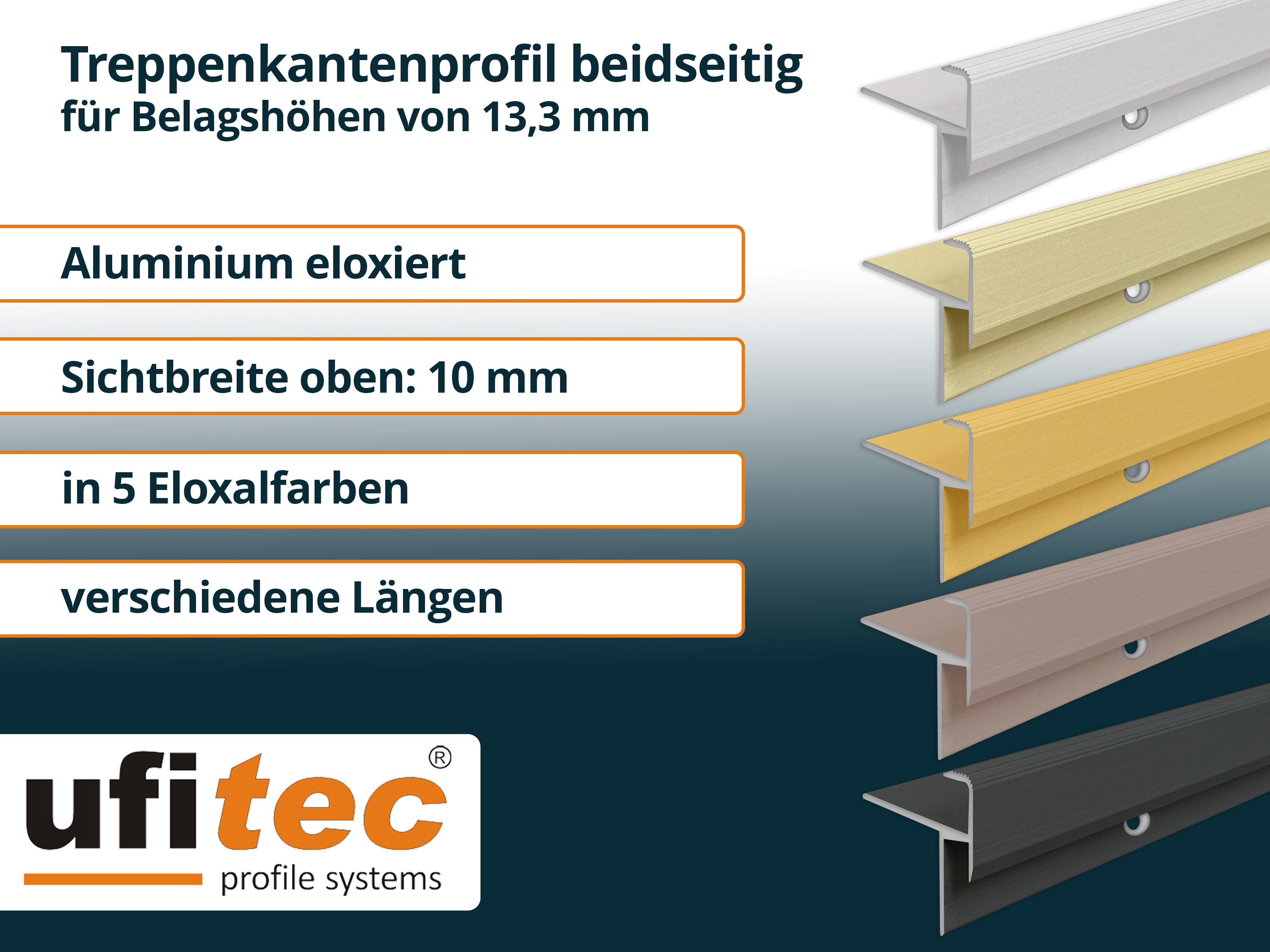 ufitec® Treppenkantenprofil beidseitig für Laminat u. Parkett - Belagshöhen von 13,3 mm-Alu eloxiert