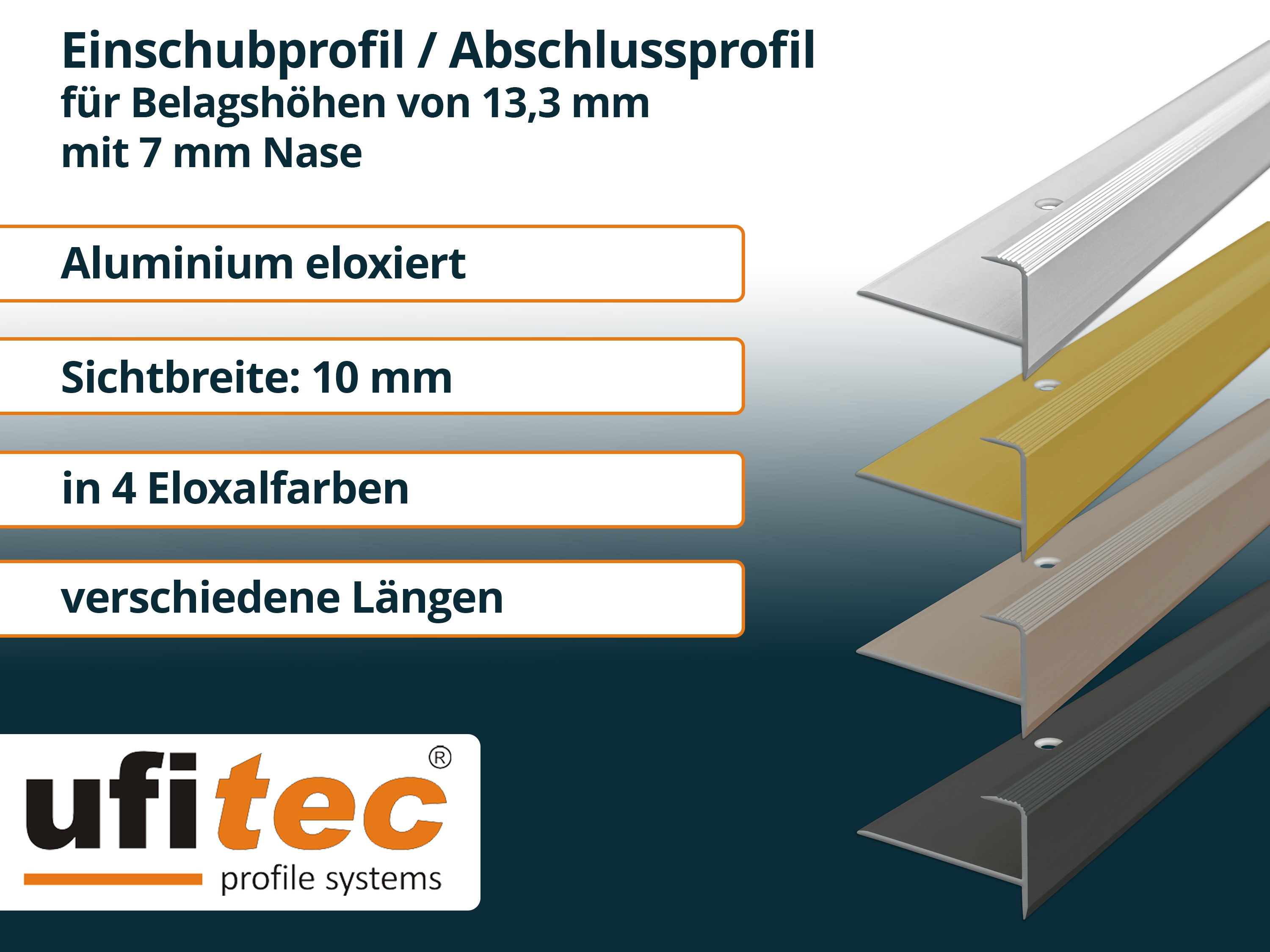 ufitec® Einschubprofil für Belagshöhen bis 13,3 mm mit 7 mm Nase Treppen-/Stufen Abschlussprofi