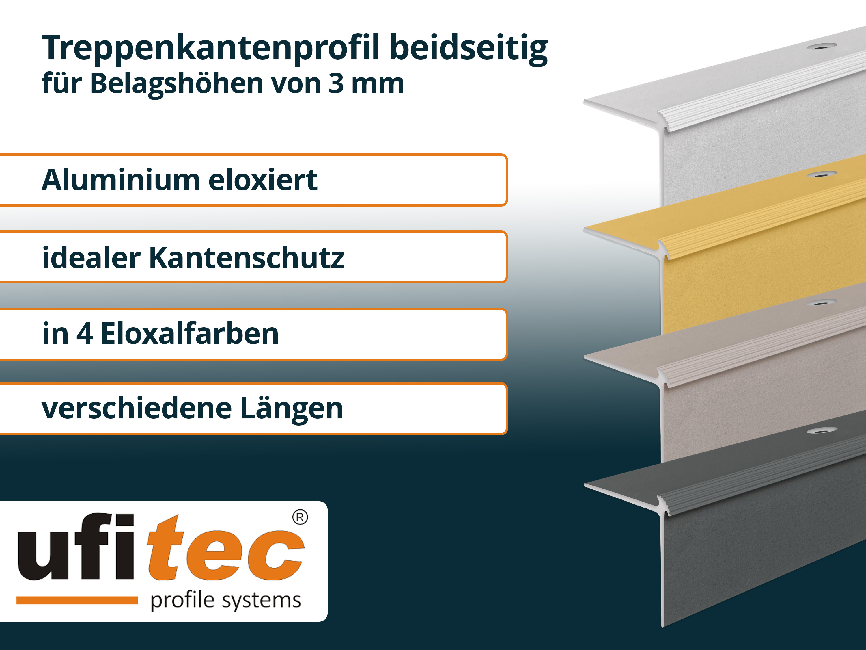 ufitec® Treppenkantenprofil beidseitig für Vinylböden für Belagshöhen von 3 mm - Alu eloxiert