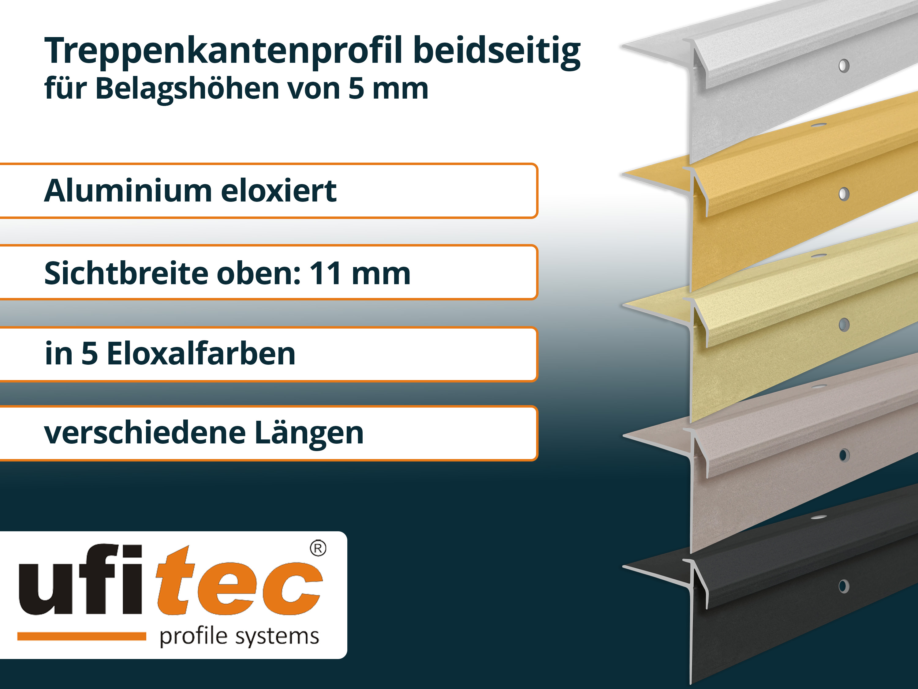 ufitec® Treppenkantenprofil beidseitig für Vinylböden für Belagshöhen von 5 mm - Alu eloxiert