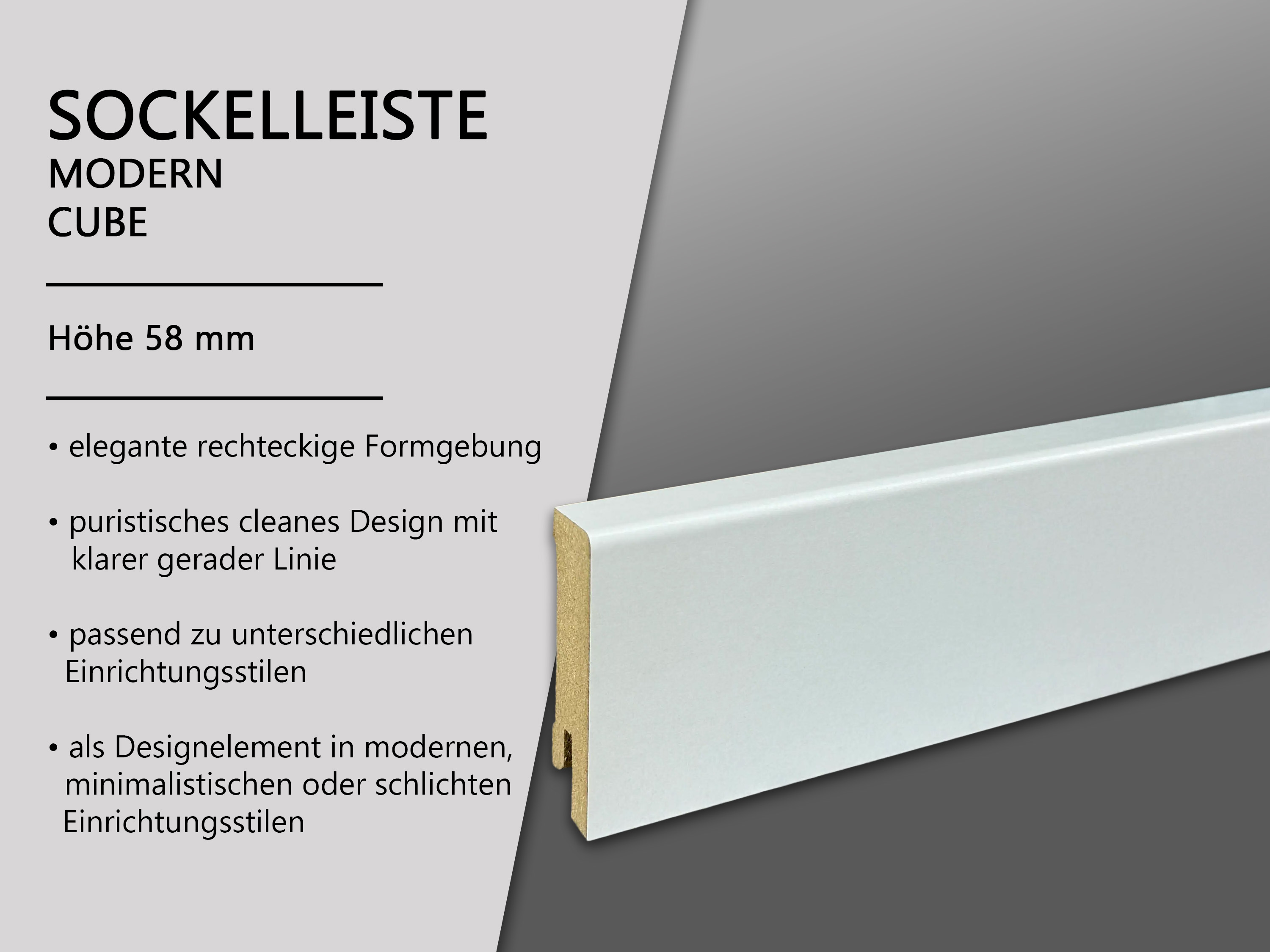 TRECOR® CUBE Sockelleiste, Fußleiste 16 x 58 mm in Weiß RAL 9016