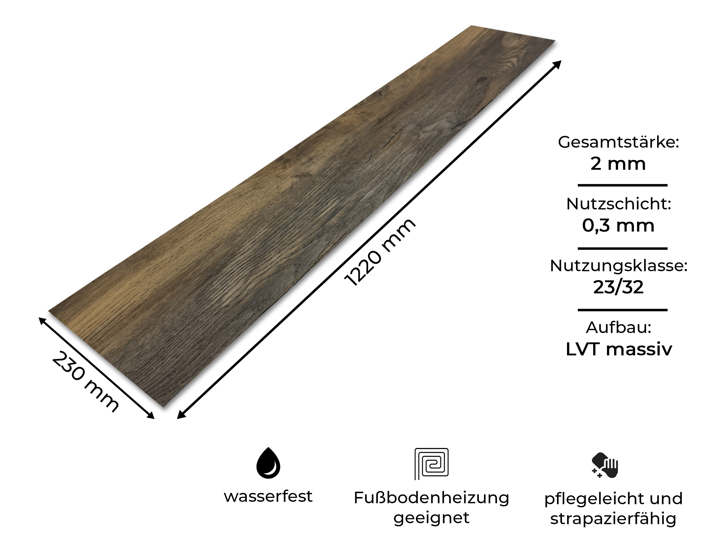 TRECOR® LVT Dryback Klebe-Vinylboden Eiche Rustikal Braun Landhausdiele – wasserfest, 2 mm stark, 0,3 mm Nutzschicht
